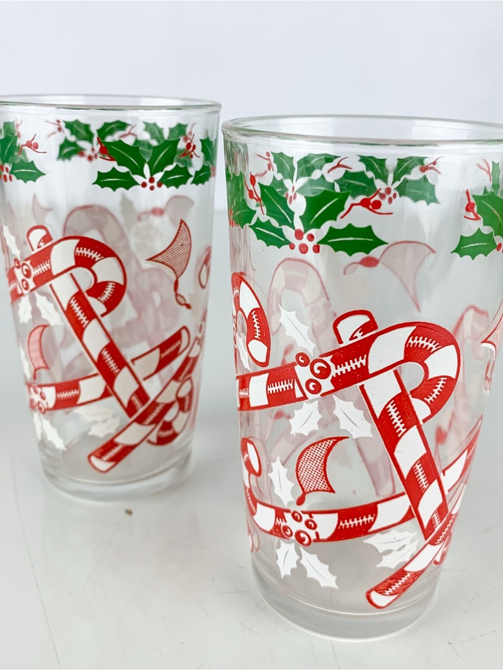 Set 2 Vintage Hazel Atlas Christmas Candy Cane Holly Glasses Tumbler Mid Century